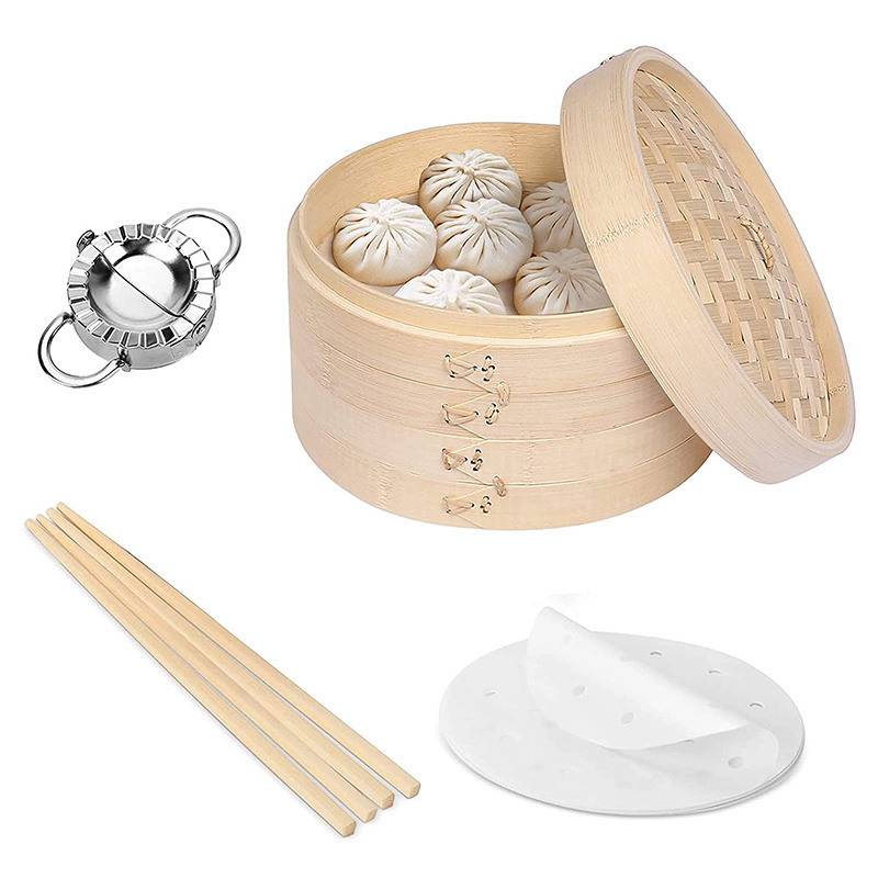 Newell 10inch Bamboo Steamer Set Kitchen Mini Favors Food Momo Wholesale Chinese Dim Sum Basket Bamboo Steamer Set with Logo