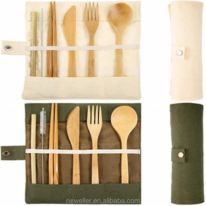 NEWELL 20cm Organic Reusable Spoon Fork Knife Chopstick Bamboo Travel Cutlery Utensils Set with Custom Printing Fabric Bag