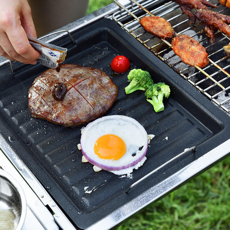 Newell Cast Iron Nonstick Roast Meat Platter Square Home Sizzlers Plate With Wooden Stand