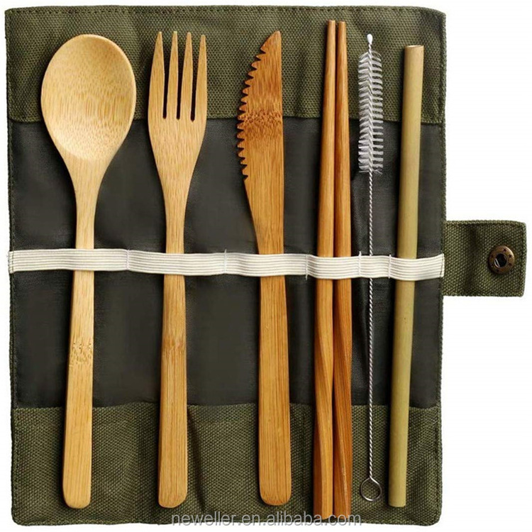 NEWELL 20cm Organic Reusable Spoon Fork Knife Chopstick Bamboo Travel Cutlery Utensils Set with Custom Printing Fabric Bag