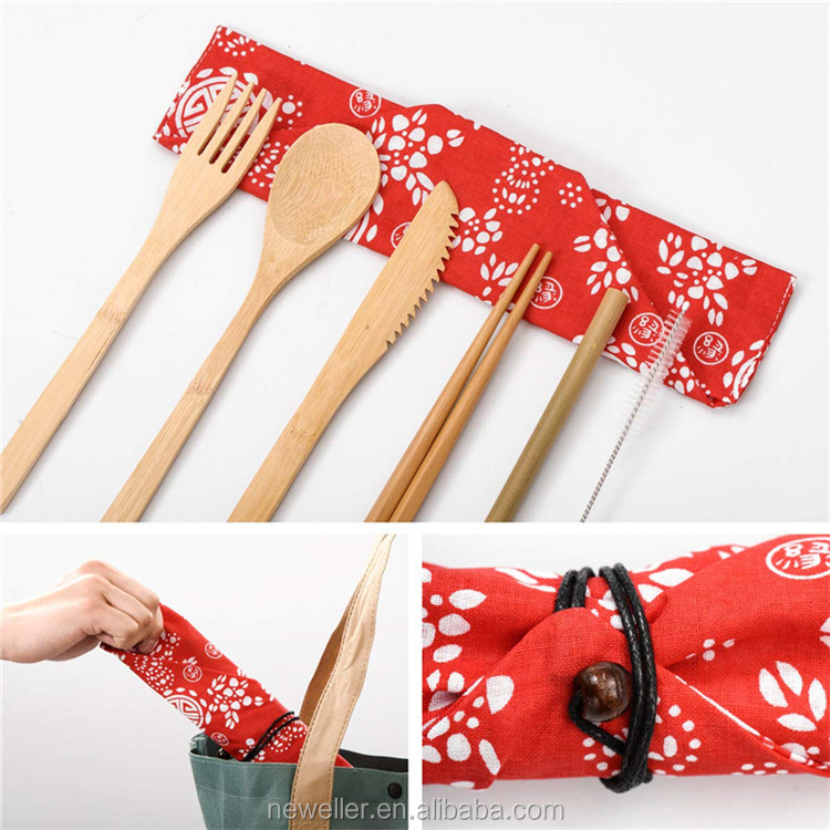 NEWELL 20cm Organic Reusable Spoon Fork Knife Chopstick Bamboo Travel Cutlery Utensils Set with Custom Printing Fabric Bag