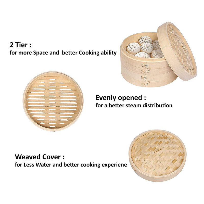 Newell 10inch Bamboo Steamer Set Kitchen Mini Favors Food Momo Wholesale Chinese Dim Sum Basket Bamboo Steamer Set with Logo