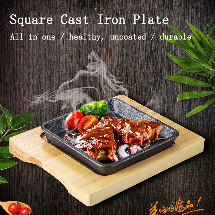 Newell Cast Iron Nonstick Roast Meat Platter Square Home Sizzlers Plate With Wooden Stand