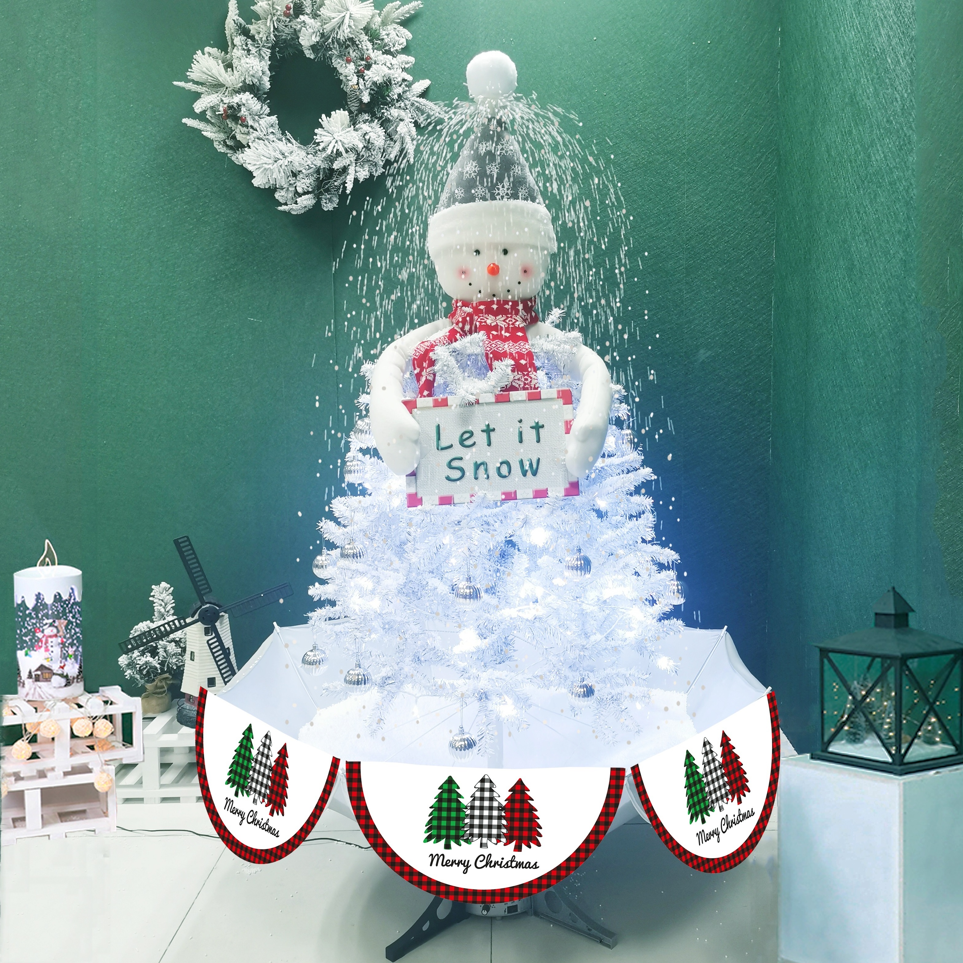 arbol de navidad  snowman led falling snowing silver Christmas tree growing with umbrella base