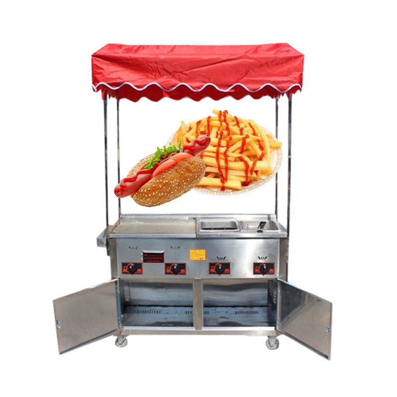 French Fries Hot Dog Snack Cart With Fryer Boiler Grill Street Food Vending Mobile Cart