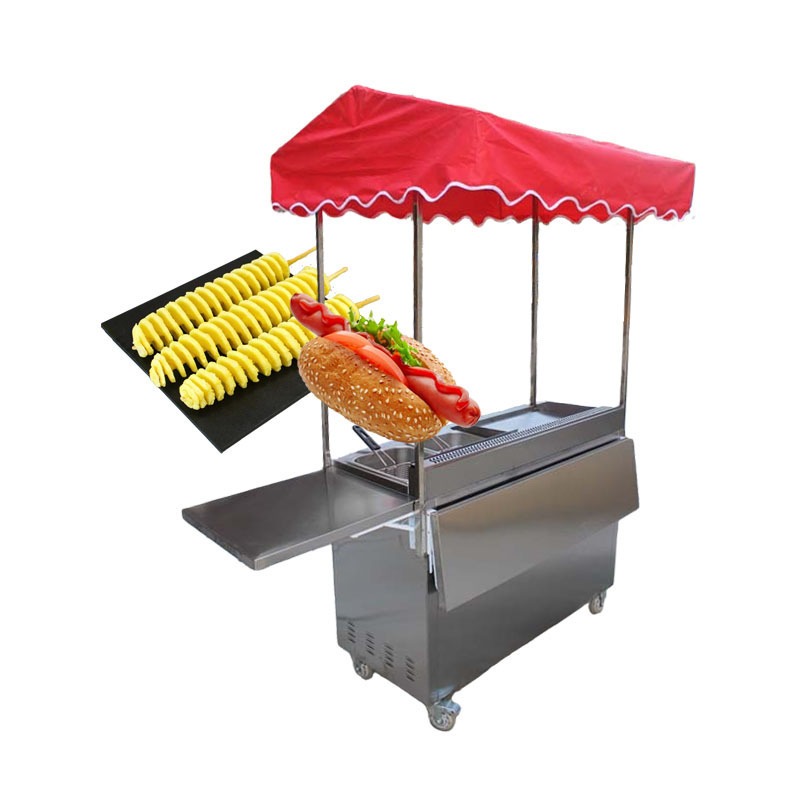 French Fries Hot Dog Snack Cart With Fryer Boiler Grill Street Food Vending Mobile Cart