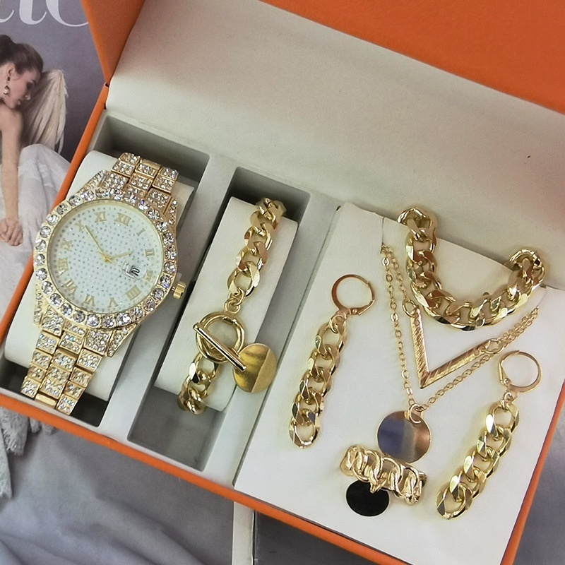 7 pcs Women's watch jewelry sets new quartz watch gift set golden silver plated watch necklace jewelry set