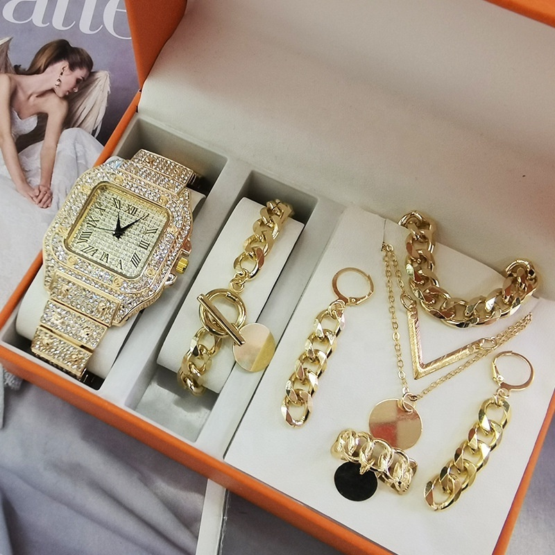 7 pcs Women's watch jewelry sets new quartz watch gift set golden silver plated watch necklace jewelry set