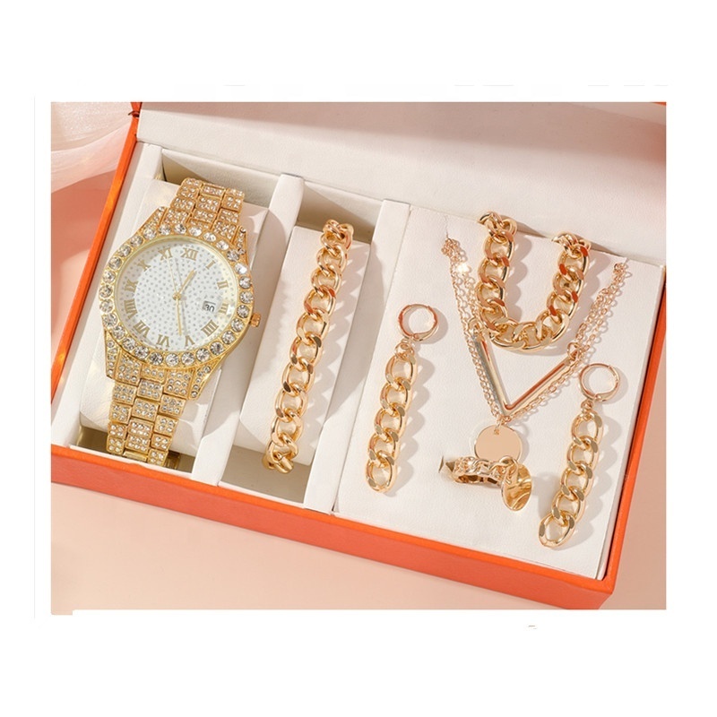 7 pcs Women's watch jewelry sets new quartz watch gift set golden silver plated watch necklace jewelry set