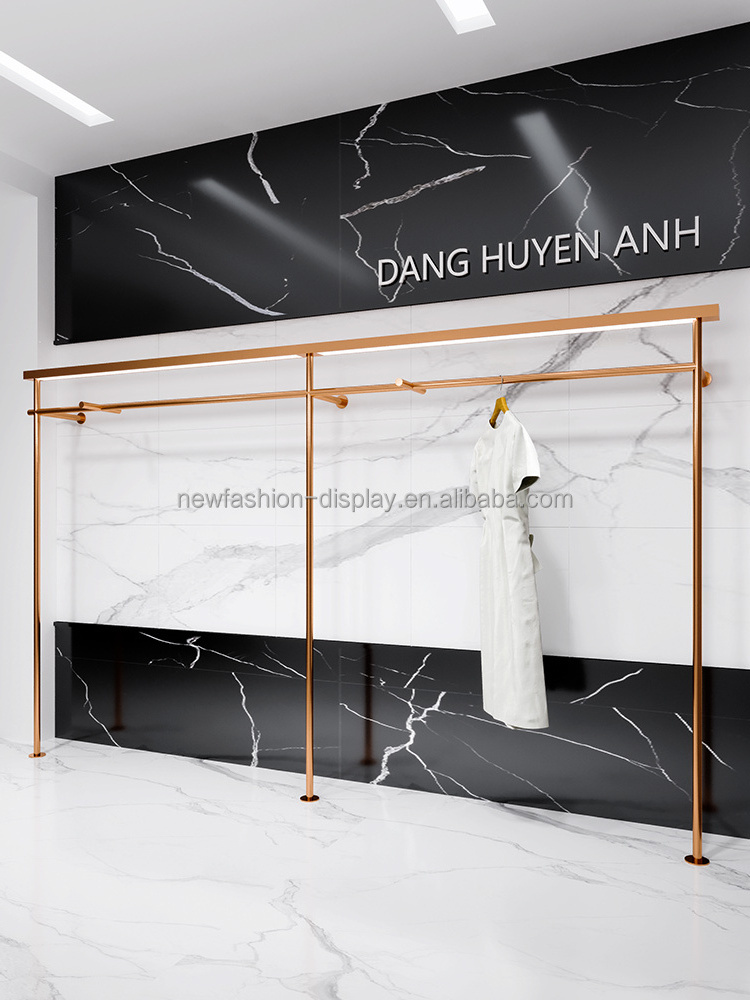 Clothing Store Retail Women's Garment Rose Gold Display Rack Boutique Gold Clothing Wall Mounted Rack for Clothing Shop