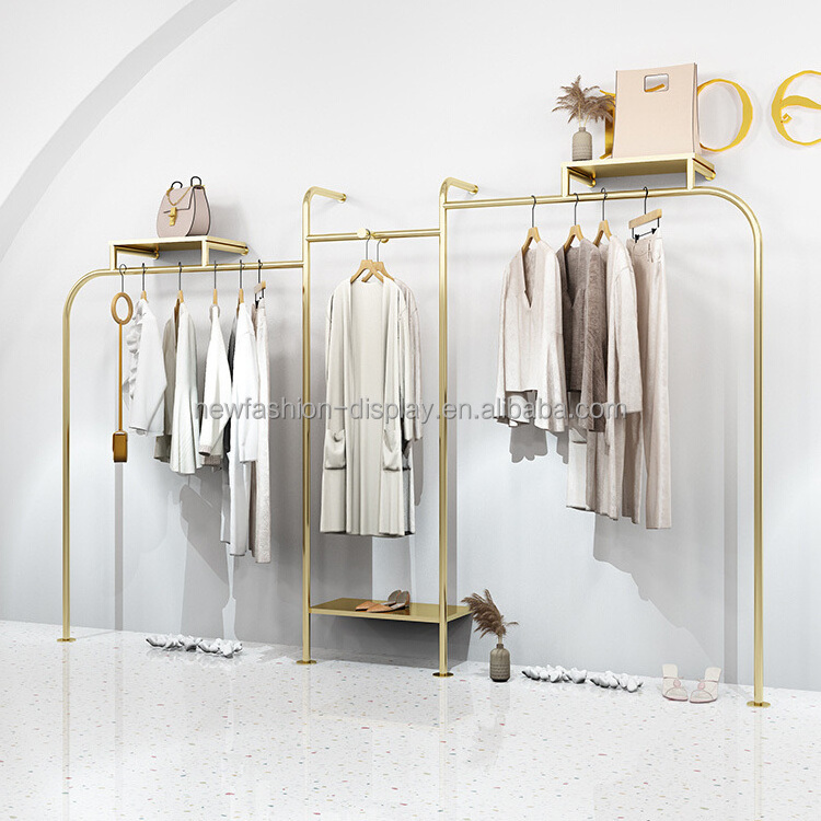 Modern Clothing Store Clothes Display Rack Shoe Bag Shelf Customize Boutique Gold Wall Mount Clothing Rack for Boutique