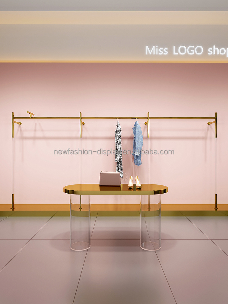 Commercial Gold Metal Shelves Stainless Steel Garment Clothing Stand Wall-mounted Steel Acrylic Clothes Display Rack