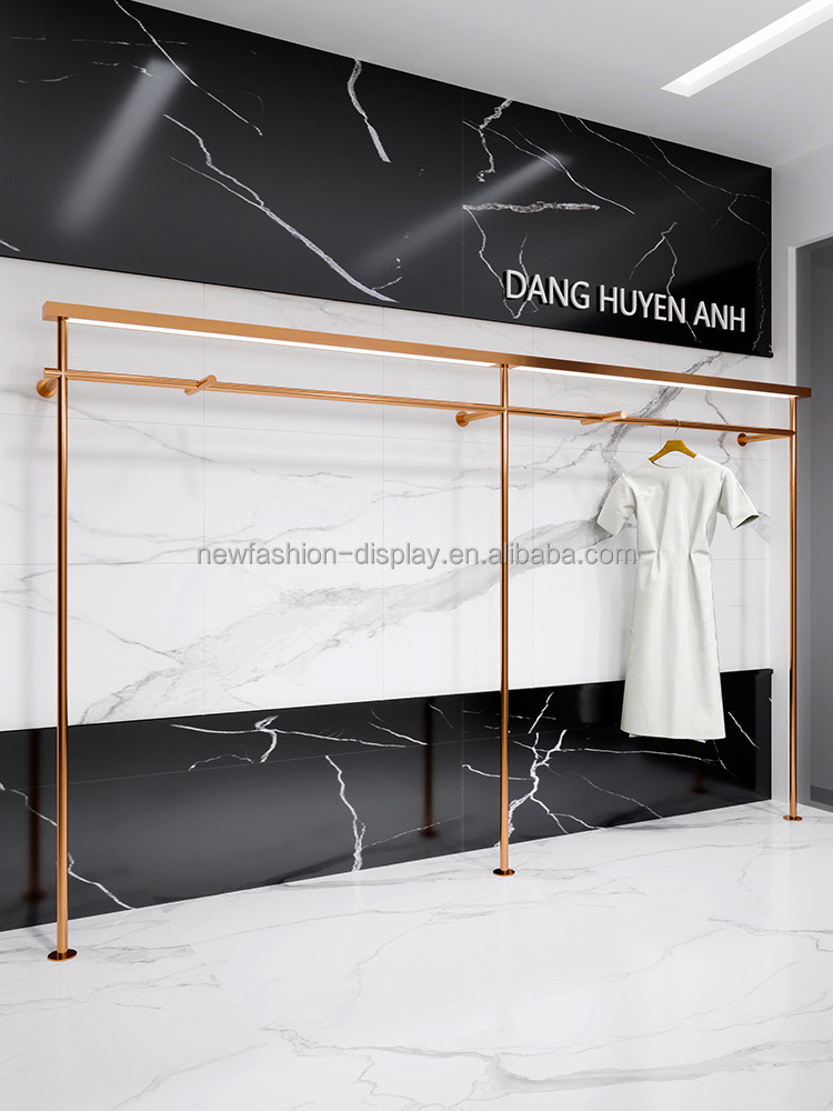 Clothing Store Retail Women's Garment Rose Gold Display Rack Boutique Gold Clothing Wall Mounted Rack for Clothing Shop