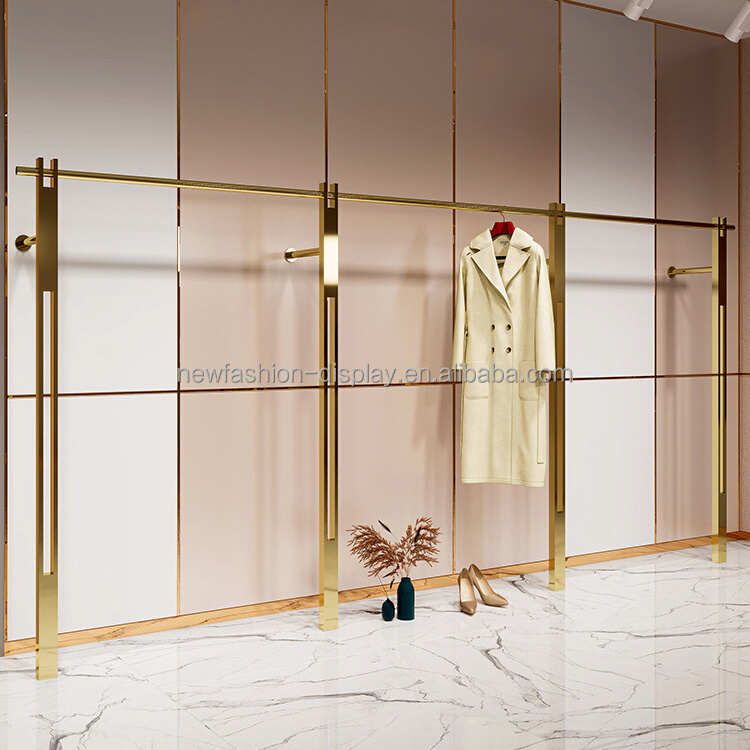 Wholesale Boutique Shop Clothes Coat Hanger Standing Space Saving Clothing Wall Mount Rack Gold Display Stands