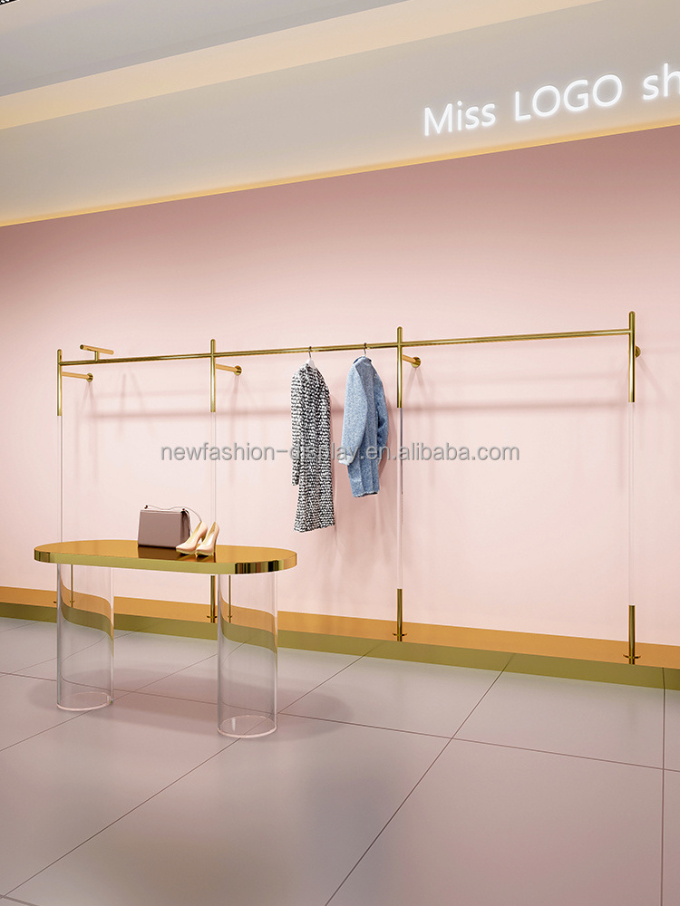 Commercial Gold Metal Shelves Stainless Steel Garment Clothing Stand Wall-mounted Steel Acrylic Clothes Display Rack