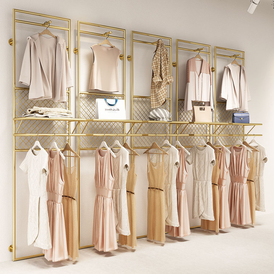 Custom Boutique Long Wall Shelves Clothing Stainless Steel Gold Wall Mounted Clothing Rack for Boutique