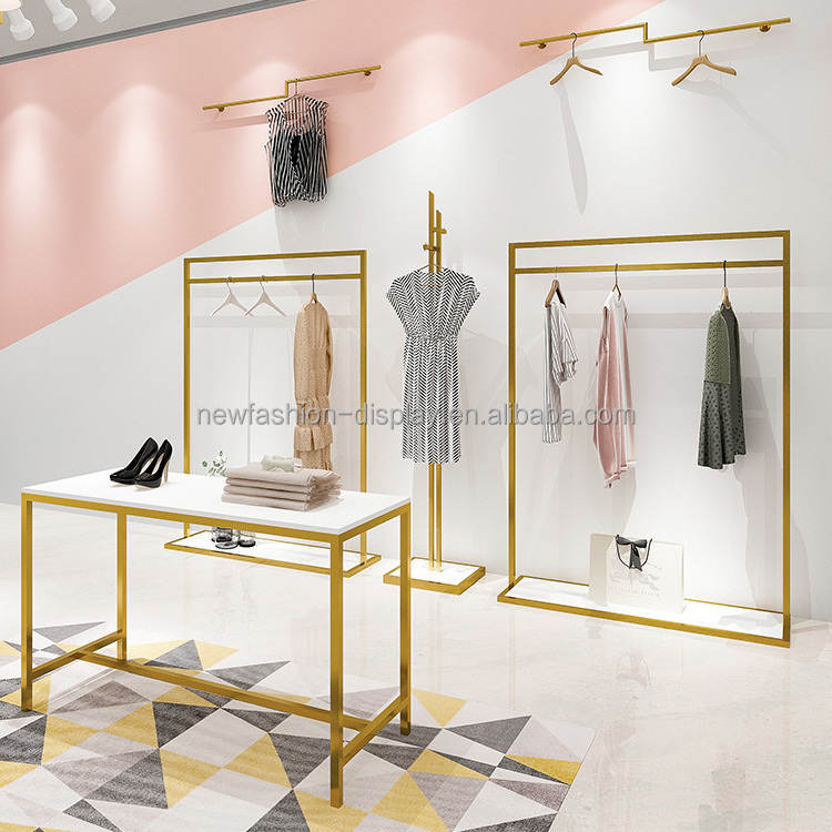 High End Clothes Shop Metal Garment Display Stand Gold Clothing Racks Clothes Stands Luxury Shoe Racks For Clothes Store