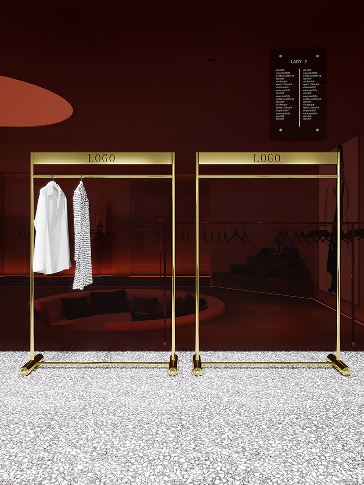 High-end Custom Clothing Store Shelf Clothing Store Display Stand Gold Clothes Rack with Logo for Clothing Store