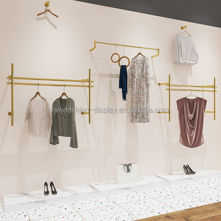 Clothing Store Ceiling Commercial Clothes Display Rack Stainless Steel Wall Mounted Mirror Gold Metal Clothing Display Stands