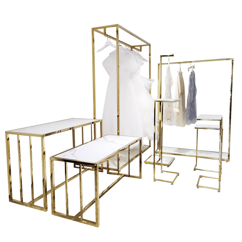 Clothing Store Display Rack Retail Apparel Golden Chromed Steel Cloth Stands Garment Gold Clothing Rack for Boutique