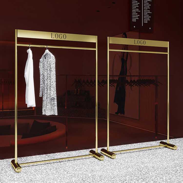 High-end Custom Clothing Store Shelf Clothing Store Display Stand Gold Clothes Rack with Logo for Clothing Store