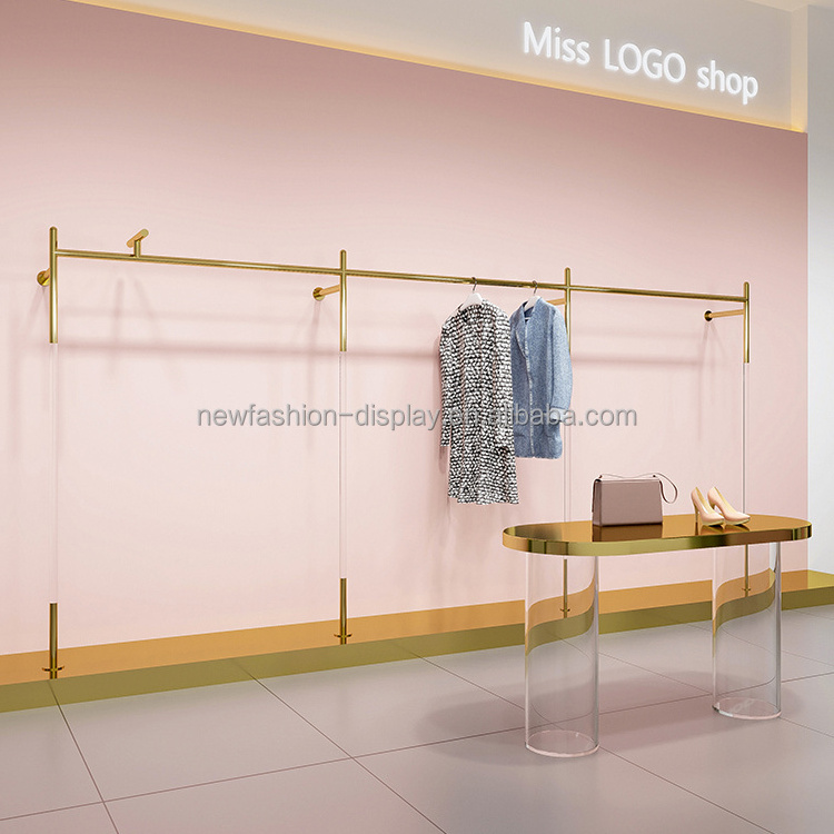 Commercial Gold Metal Shelves Stainless Steel Garment Clothing Stand Wall-mounted Steel Acrylic Clothes Display Rack