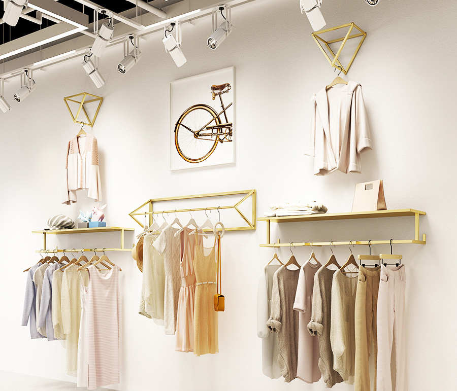 Custom Boutique Hanging Clothes Shelves Wall Mounted Stainless Steel Gold Wall Clothing Rack for Clothing Store