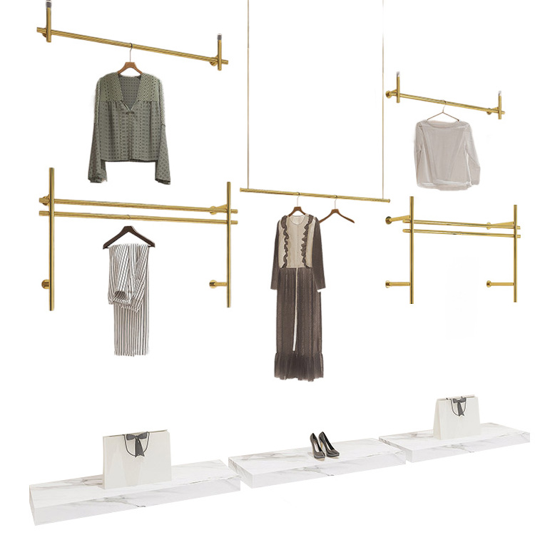 Clothing Store Ceiling Commercial Clothes Display Rack Stainless Steel Wall Mounted Mirror Gold Metal Clothing Display Stands