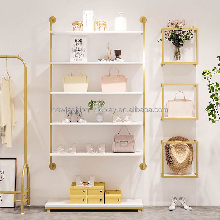 3/4/5 Tiers Bag Handbag Shoe Store Stainless Steel Display Racks Wall Shoes Shelf Boutique Gold Wall Mounted Shoes Stand