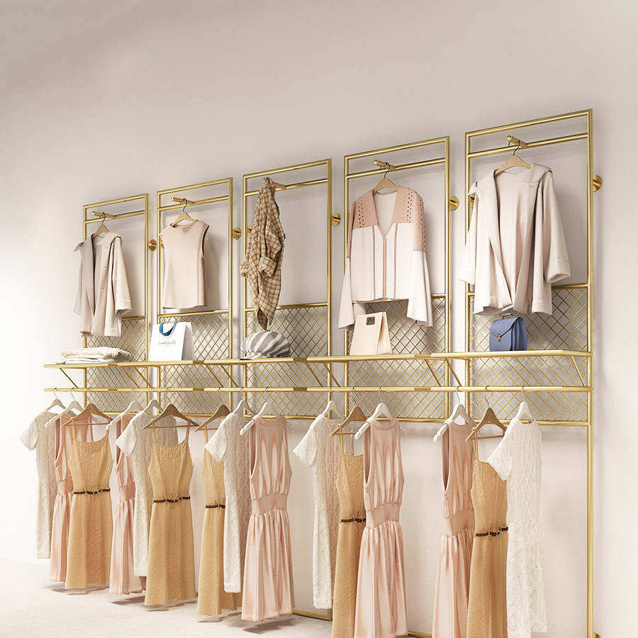 Custom Boutique Long Wall Shelves Clothing Stainless Steel Gold Wall Mounted Clothing Rack for Boutique