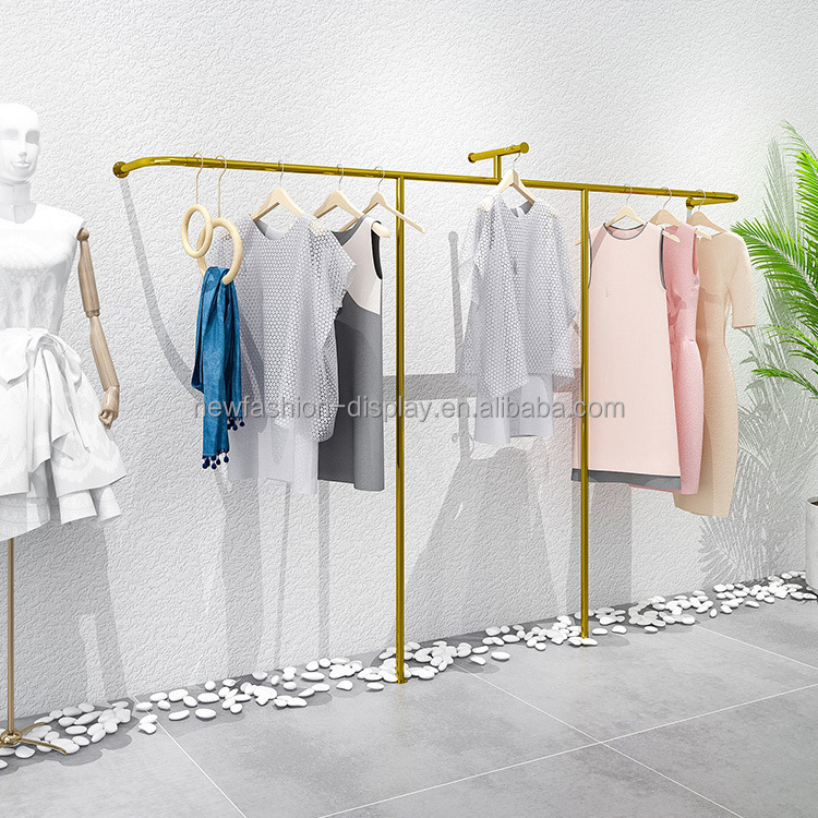 Clothes Store Long Wall Shelves Clothing Stand Gold Pipe Clothing Racks Wall Mounted with Mdf Board for Clothing Store