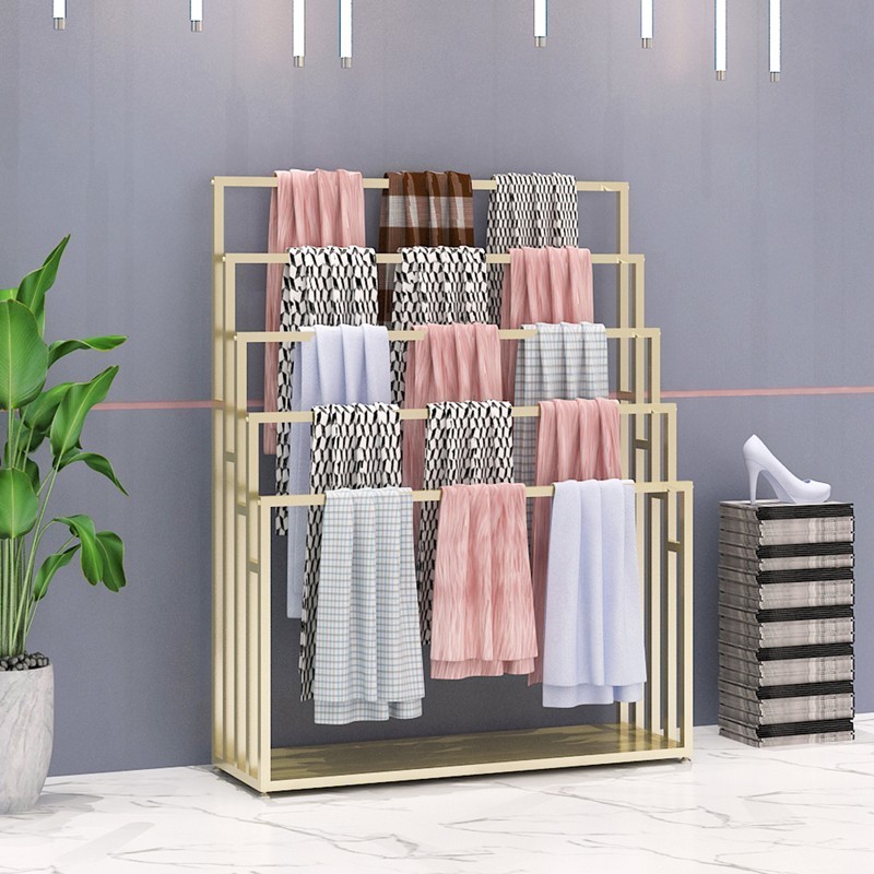 Customized various sizes luxury gold fabric display shelf scarf stand pants rack hanger pallet rack for heavy fabric