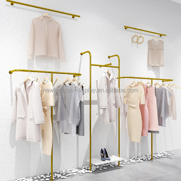 Clothes Store Long Wall Shelves Clothing Stand Gold Pipe Clothing Racks Wall Mounted with Mdf Board for Clothing Store