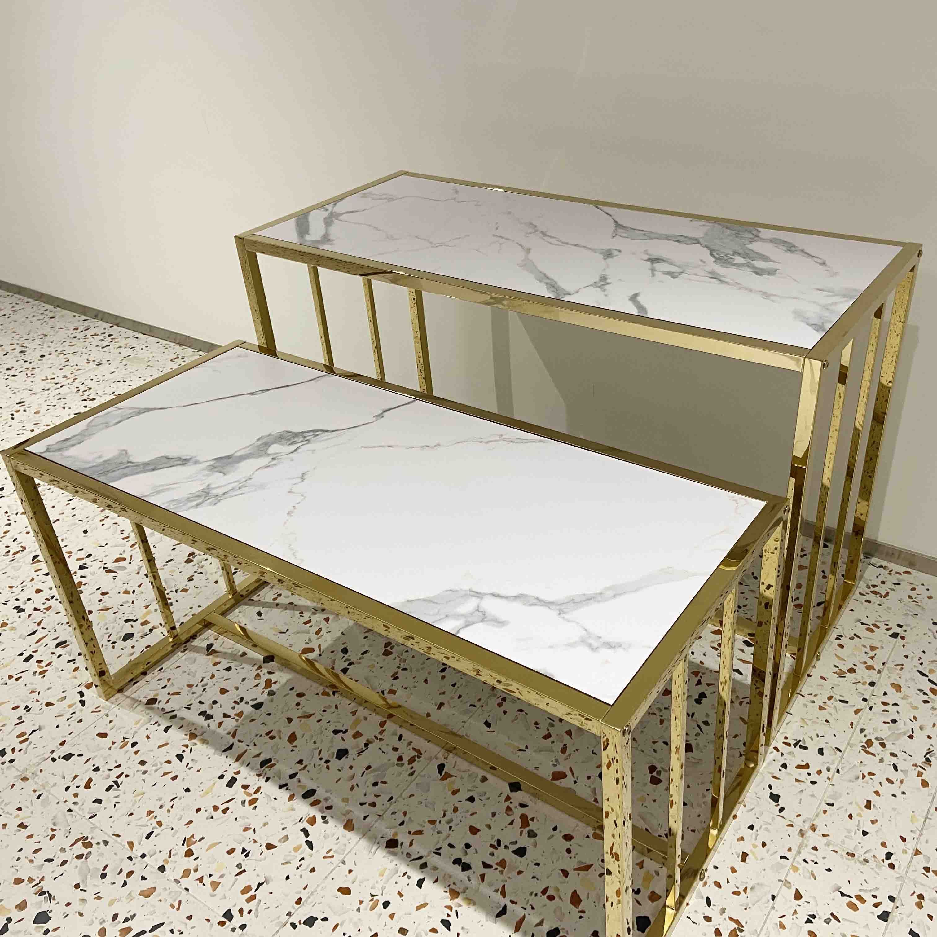 Boutique Store Design Shiny Gold Table Set Clothes Rack Shop Fitting Gold Counter Top  Shoe Stand Metal Nesting Display Table