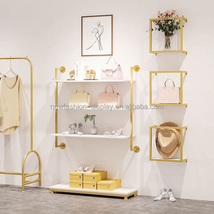 3/4/5 Tiers Bag Handbag Shoe Store Stainless Steel Display Racks Wall Shoes Shelf Boutique Gold Wall Mounted Shoes Stand