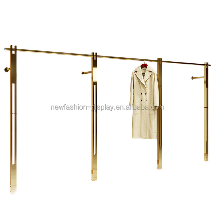 Wholesale Boutique Shop Clothes Coat Hanger Standing Space Saving Clothing Wall Mount Rack Gold Display Stands