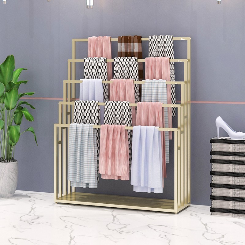 Customized various sizes luxury gold fabric display shelf scarf stand pants rack hanger pallet rack for heavy fabric