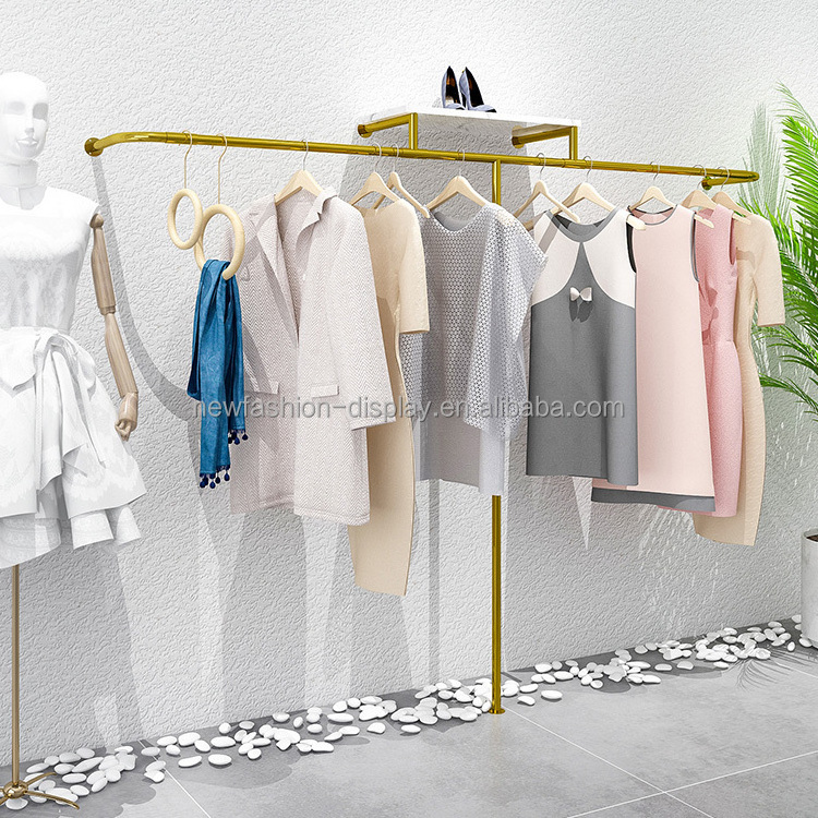 Clothes Store Long Wall Shelves Clothing Stand Gold Pipe Clothing Racks Wall Mounted with Mdf Board for Clothing Store