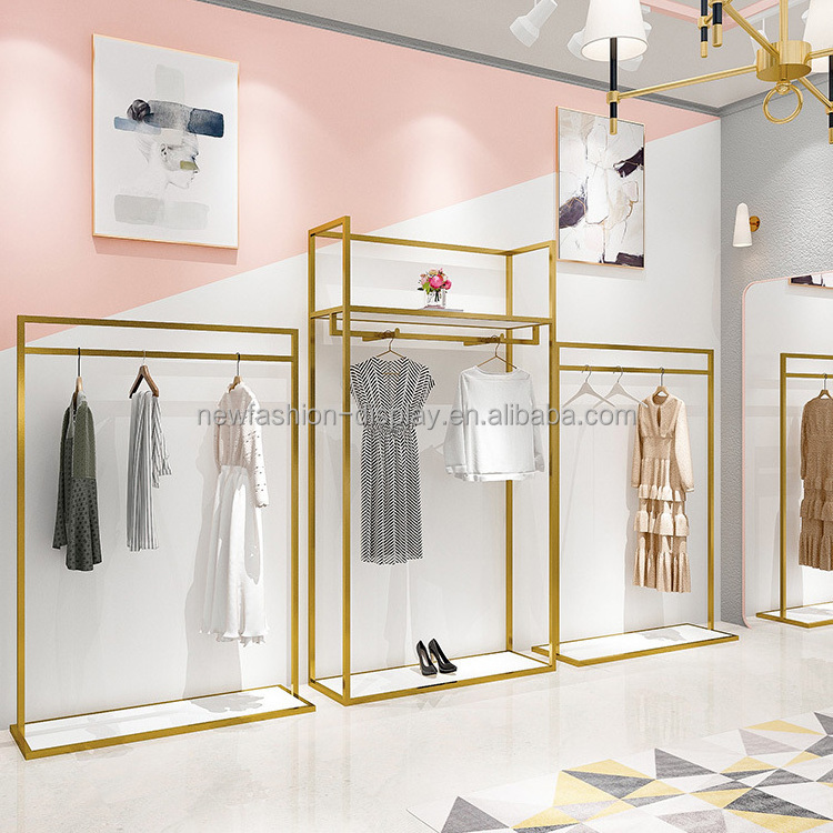 High End Clothes Shop Metal Garment Display Stand Gold Clothing Racks Clothes Stands Luxury Shoe Racks For Clothes Store