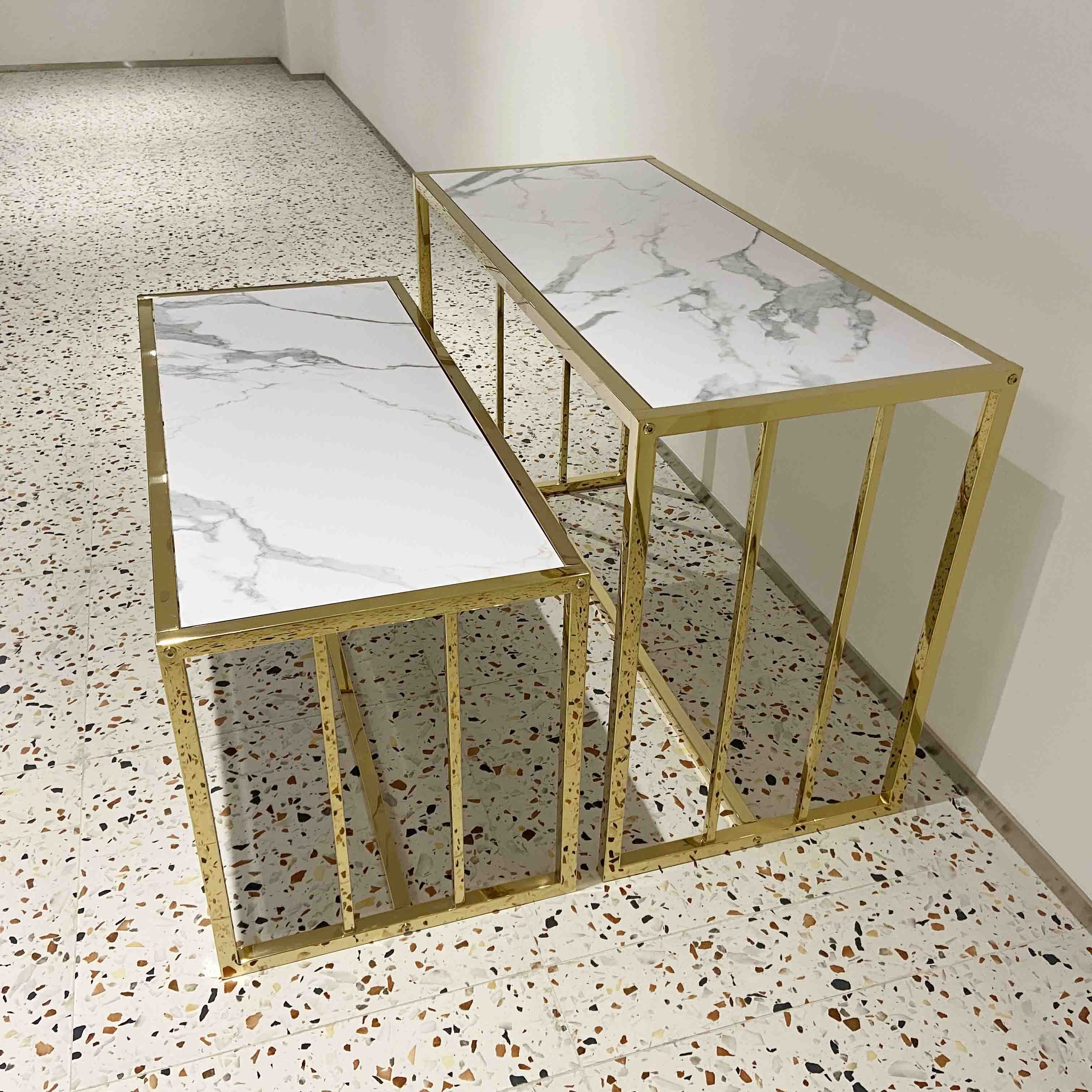 Boutique Store Design Shiny Gold Table Set Clothes Rack Shop Fitting Gold Counter Top  Shoe Stand Metal Nesting Display Table