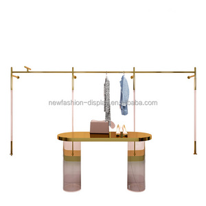 Commercial Gold Metal Shelves Stainless Steel Garment Clothing Stand Wall-mounted Steel Acrylic Clothes Display Rack