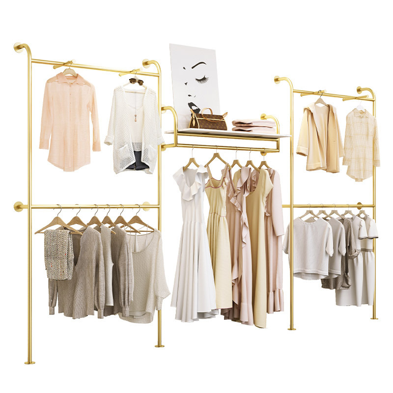 Commercial 2 layer Clothing Rack Golden Pipe Clothing Rack Stainless Steel Cloth Stand Display Rack For Wall Mounted