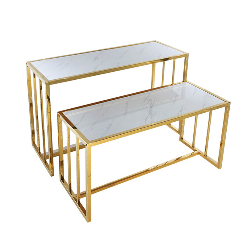 Boutique Store Design Shiny Gold Table Set Clothes Rack Shop Fitting Gold Counter Top  Shoe Stand Metal Nesting Display Table