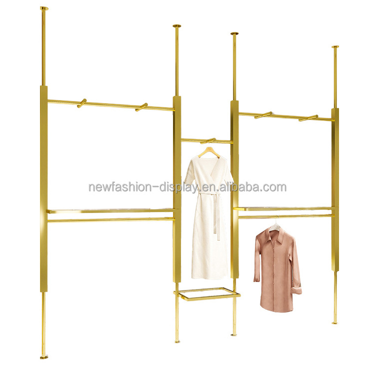 Clothing Shop Gold Stainless Steel Wall Stand Metal Display Stand Clothing Store Shelf Wall Hanger Stand for Clothing Shops