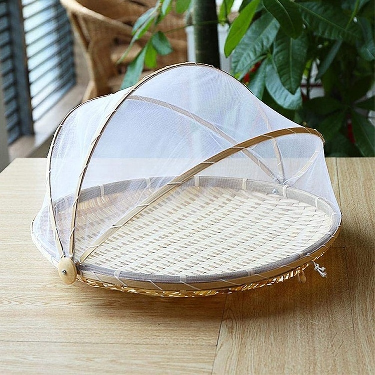 Outdoor Picnic Food Fruit Vegetables Cover Mesh Tent Bamboo Foldable Basket