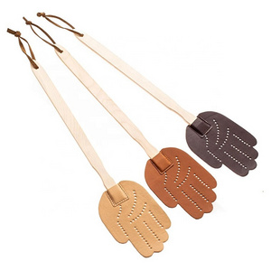 Hand Palm Shape Long Beech Wood Handle PVC Leather Fly Swatter Mosquito Swatter