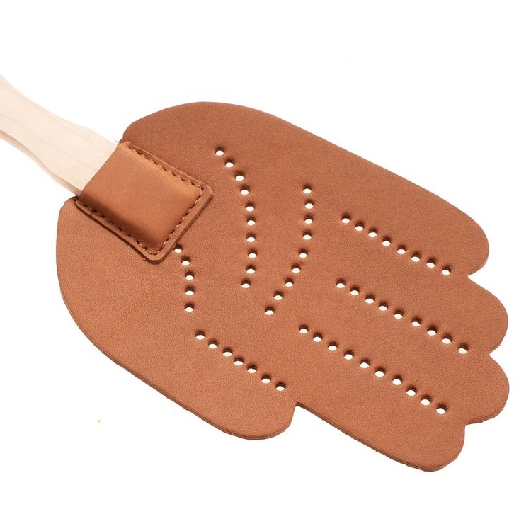 Hand Palm Shape Long Beech Wood Handle PVC Leather Fly Swatter Mosquito Swatter