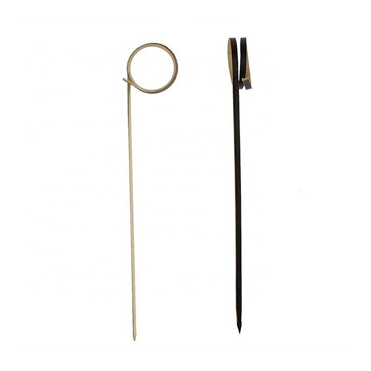 Party Toothpicks for Appetizers Cocktail Drinks Barbecue Snacks Club Sandwiches with Looped Ring Food Picks Black Bamboo Skewers