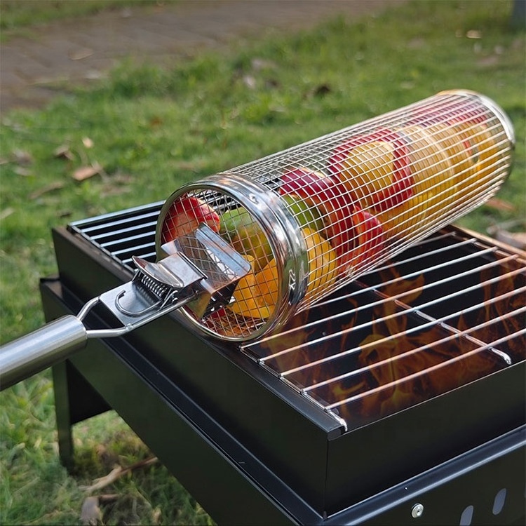 Stainless Steel Barbecue Wires Mesh Cylinder with Handle Round Rolling Grilling Basket