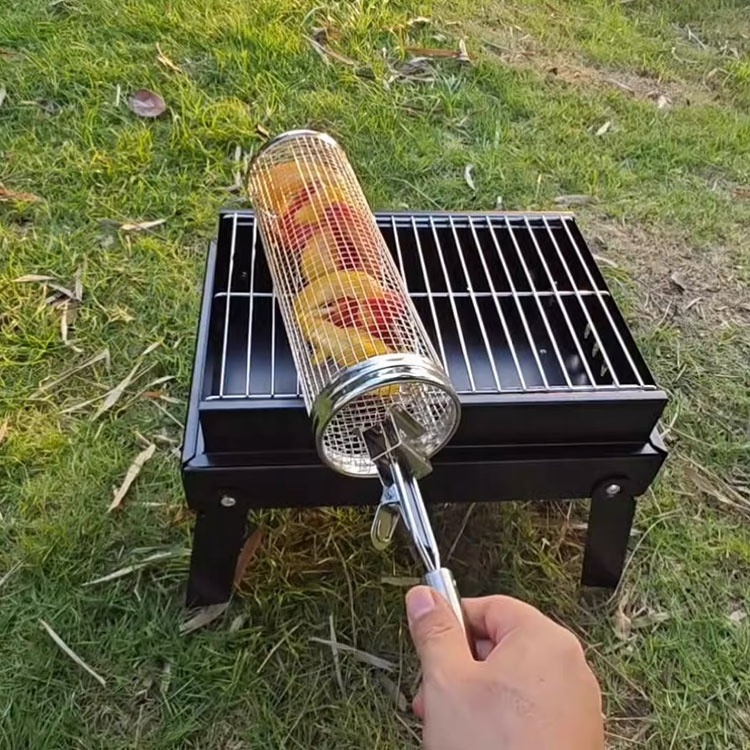 Stainless Steel Barbecue Wires Mesh Cylinder with Handle Round Rolling Grilling Basket